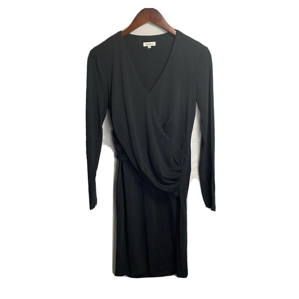 Sundance Women’s Long Sleeve V-neck Wrap Dress Black Cotton Blend Size XS